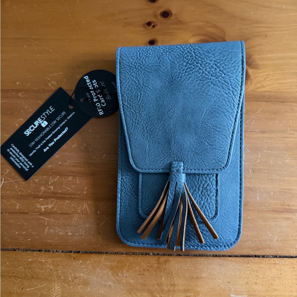 Blue Leather Phone Crossbody with Tassel